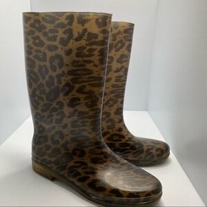 Stuart Weitzman Leopard Rain Boots Women's XL Brown Animal Print Rubber Mid-Calf